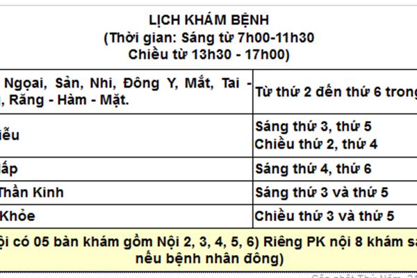 LỊCH KHÁM BỆNH NGOẠI TRÚ